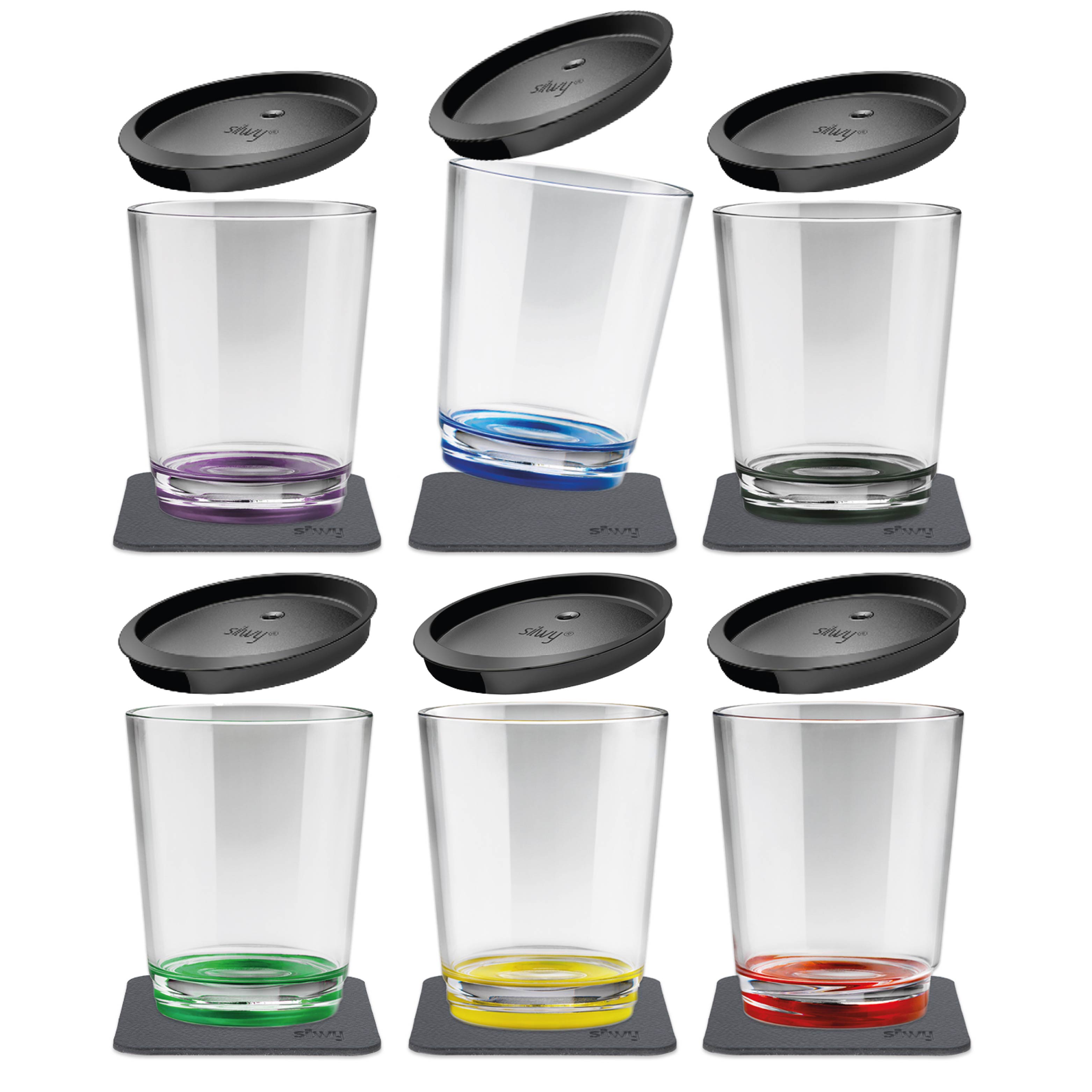 Magnet-Trinkbecher Triple mit zugehörigen Metall-Nano-Gel-Pads in den Farben Berry, Blue, black, green, yellow und red
