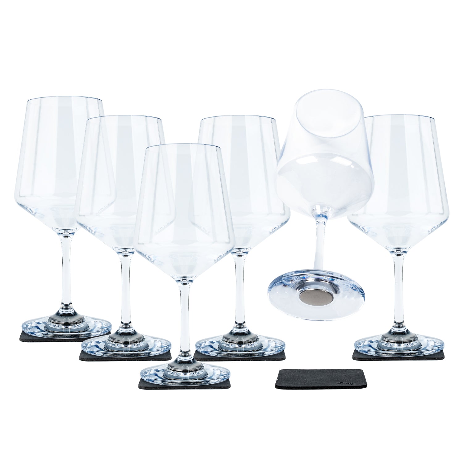 6er Set Magnet-Kristallgläser Wein mit quadratischem Metall-Nano-Gel-Pad und integriertem Magneten im Boden
