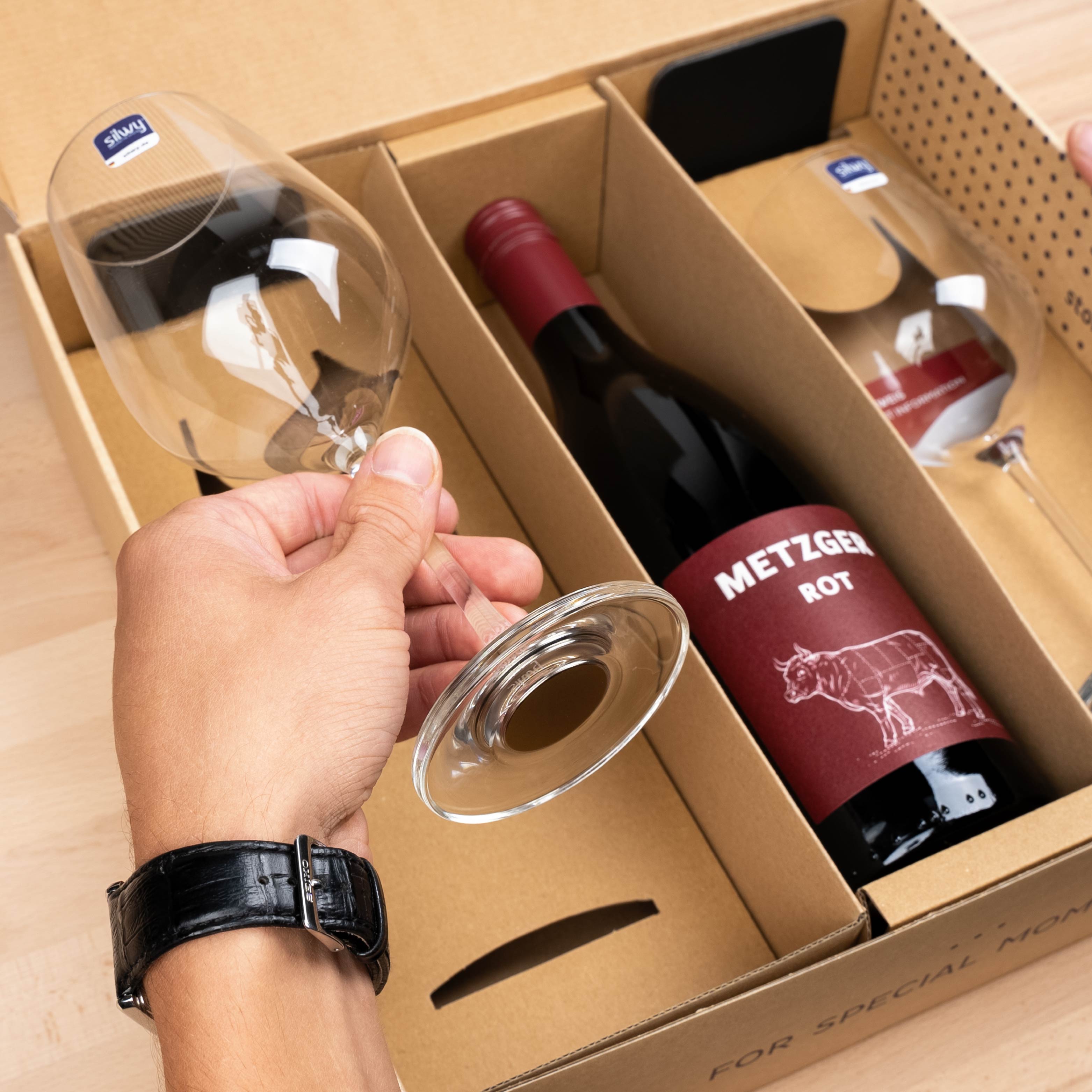 Geschenkbox Magnet-Kristallgläser Wein und Wein "Metzger Rot" 