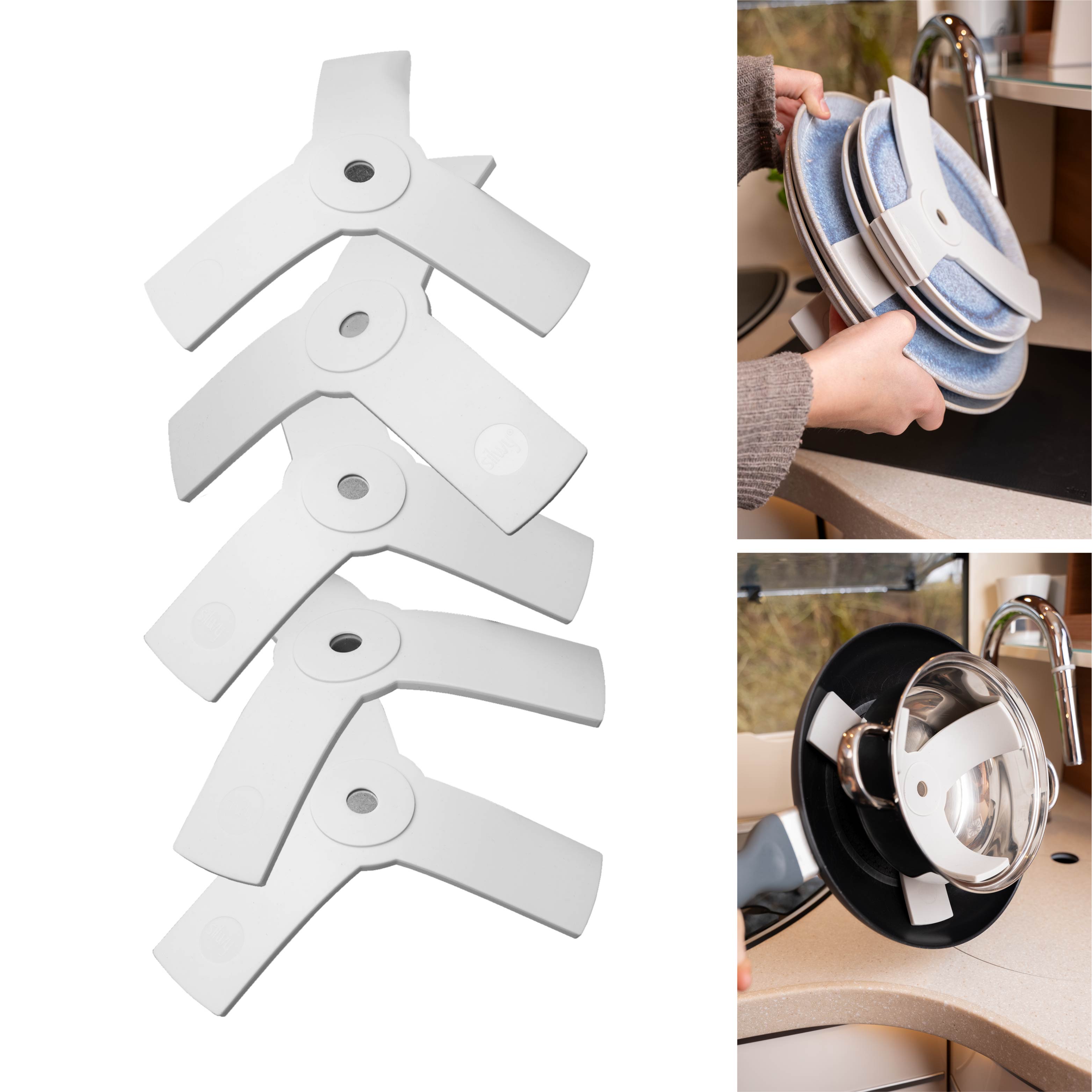 5er Set Sandwiches weiß Freisteller - Magnet-Teller aneinander befestigt mit Sandwiches und Pfanne und Topf mit Sandwiches aneinander befestigt 