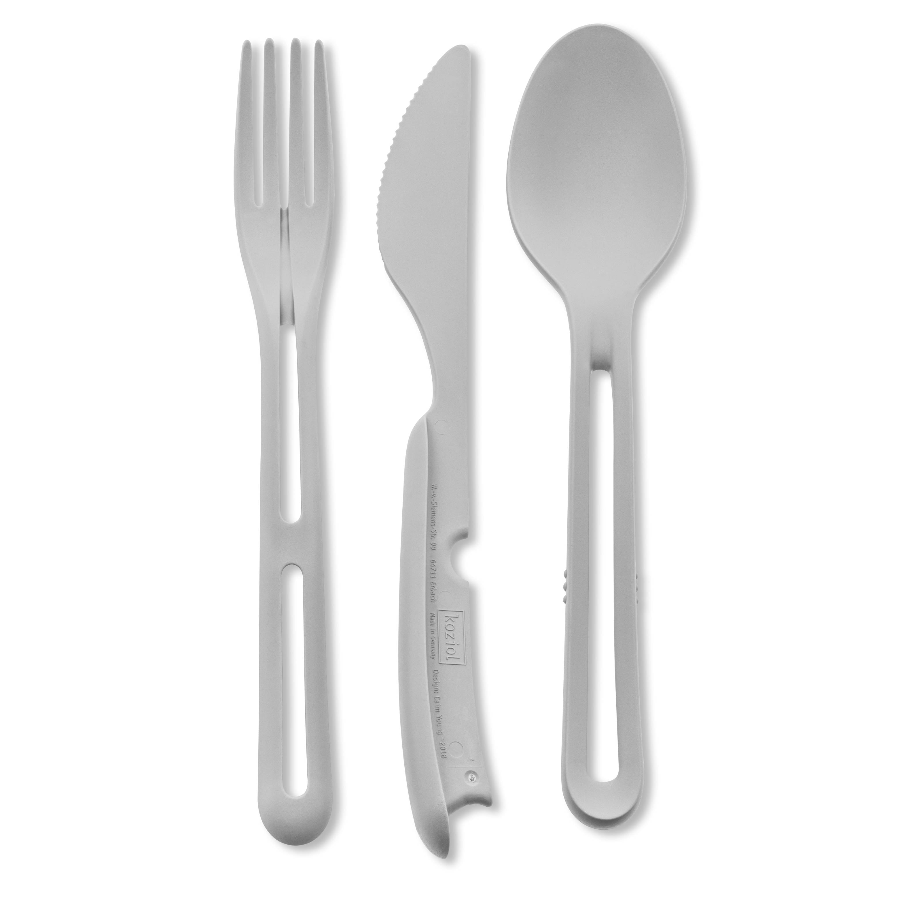 Freisteller Kunststoff Besteck TRICKY, 3teiliges Set aus Gabel, Messer und Löffel