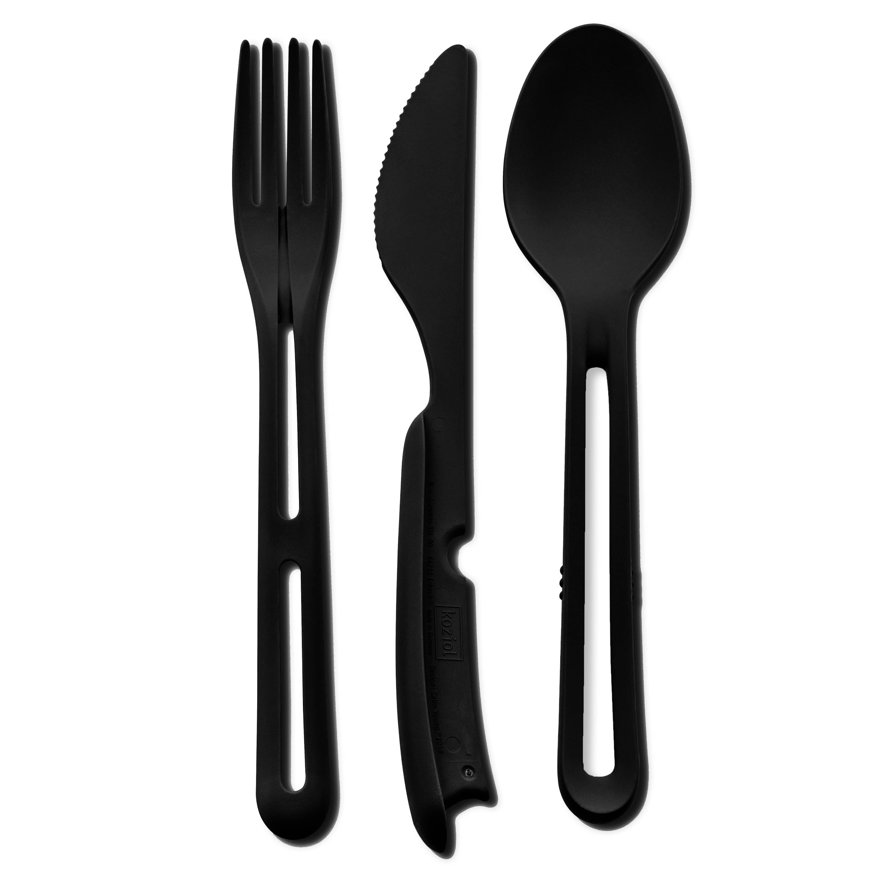 Freisteller Kunststoff-Besteck TRICKY - 3 teiliges Set aus Gabel, Messer und Löffel